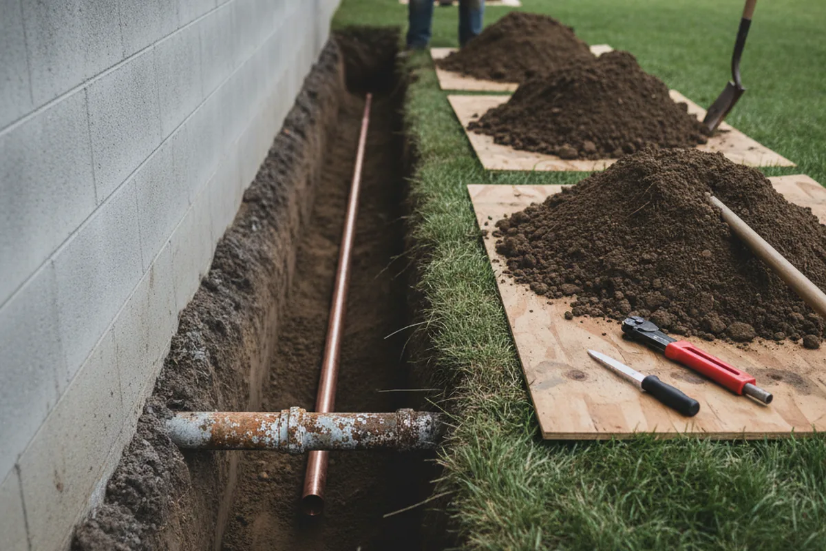 Excavated water line trench during Water Heater Repair in Ingram